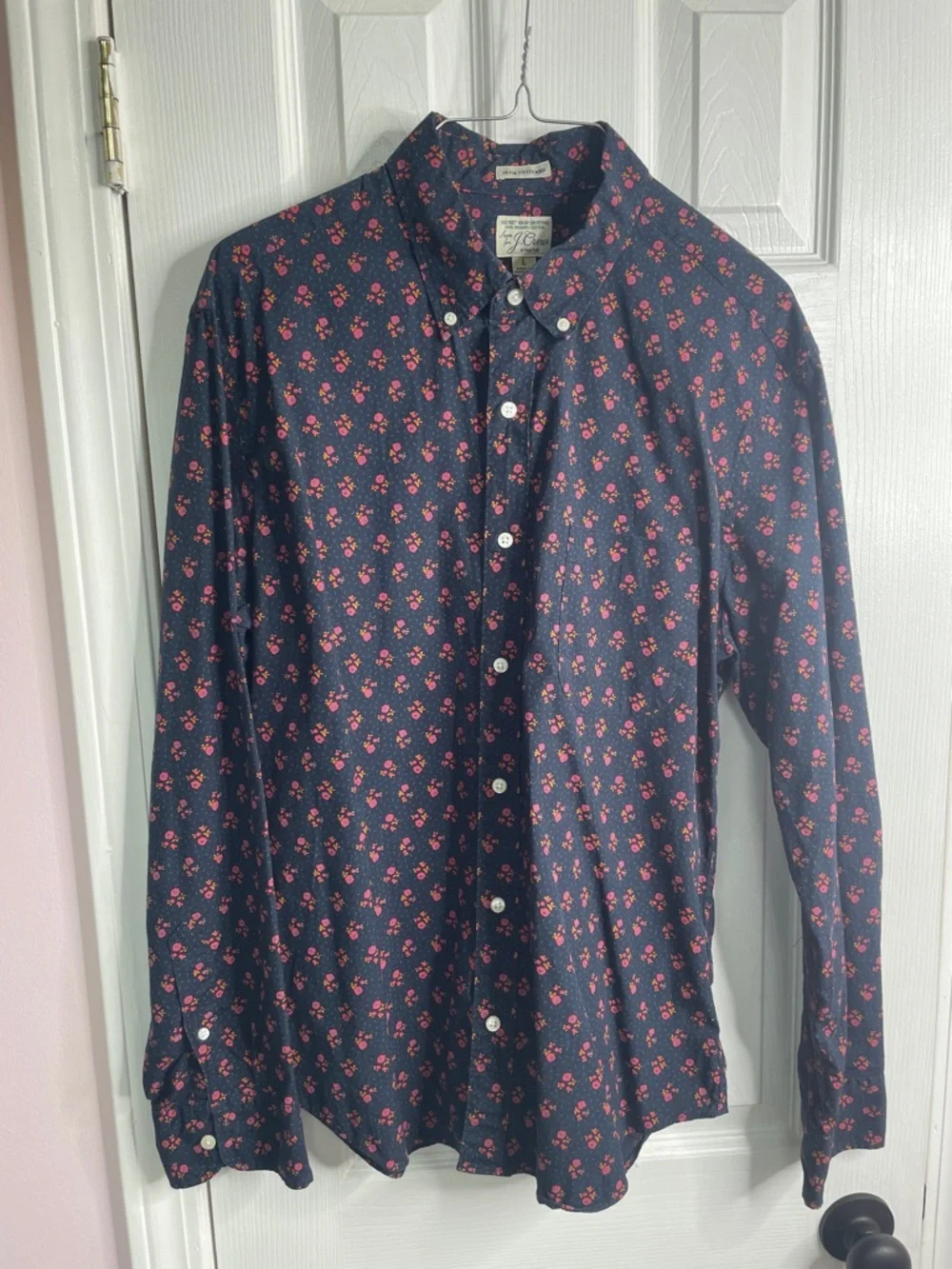 J. Crew Navy Button-Down Shirt with Pink Floral Print. Slim Untucked. Nice